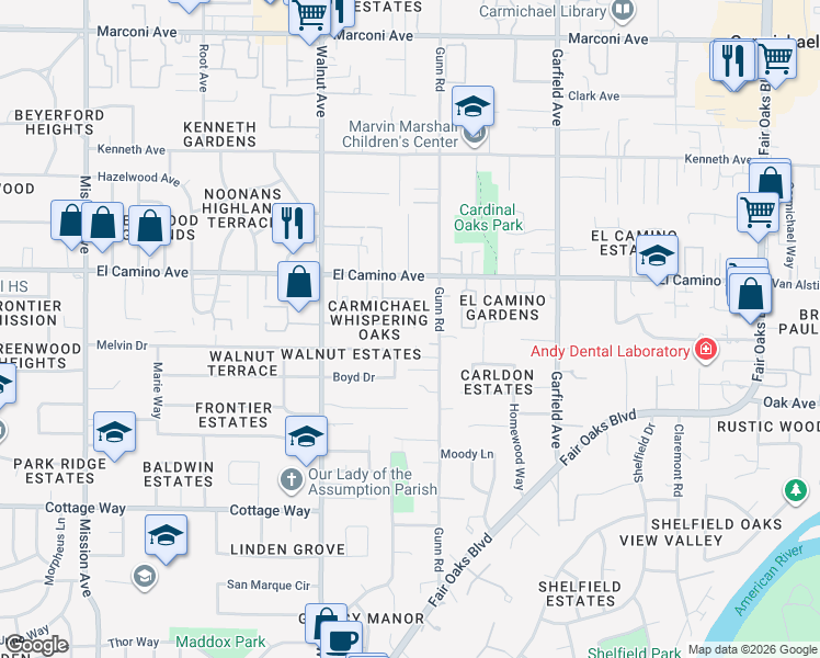 map of restaurants, bars, coffee shops, grocery stores, and more near 5219 Whisper Oaks Lane in Carmichael