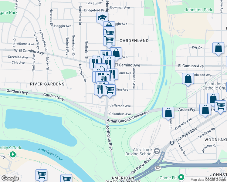 map of restaurants, bars, coffee shops, grocery stores, and more near 540 Harding Avenue in Sacramento