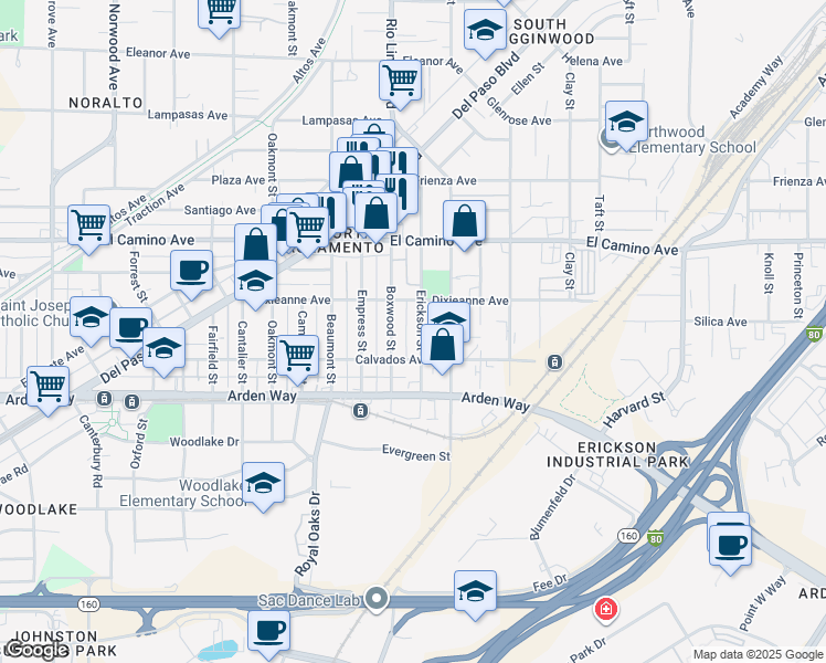 map of restaurants, bars, coffee shops, grocery stores, and more near 2343 Erickson Street in Sacramento