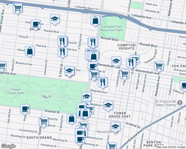 map of restaurants, bars, coffee shops, grocery stores, and more near 2350 South Grand Boulevard in St. Louis