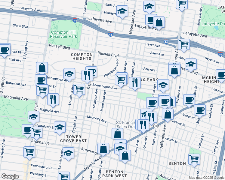 map of restaurants, bars, coffee shops, grocery stores, and more near 3010 Shenandoah Avenue in St. Louis