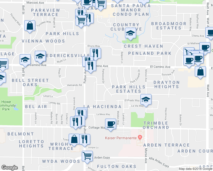 map of restaurants, bars, coffee shops, grocery stores, and more near 2324 Parkwood Drive in Sacramento