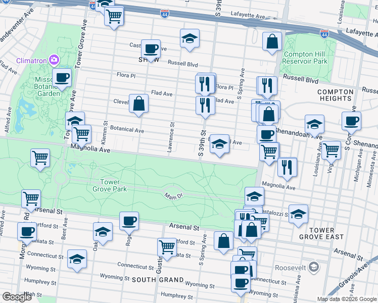 map of restaurants, bars, coffee shops, grocery stores, and more near 3929 Magnolia Avenue in St. Louis