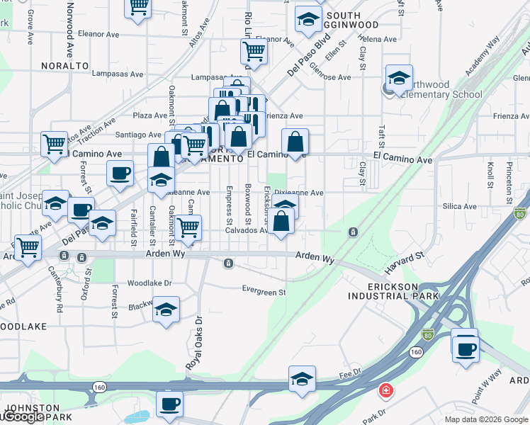 map of restaurants, bars, coffee shops, grocery stores, and more near 2343 Erickson Street in Sacramento