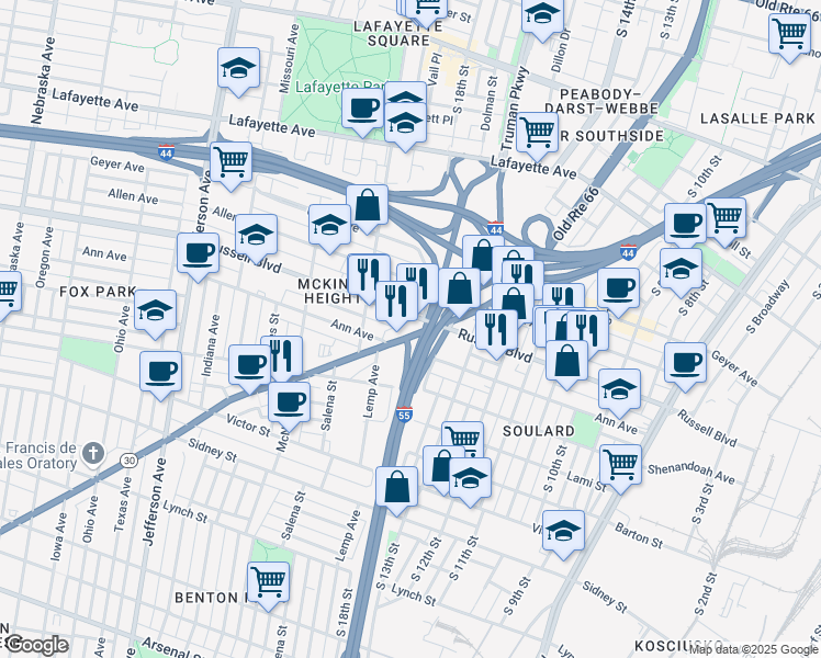 map of restaurants, bars, coffee shops, grocery stores, and more near in St. Louis