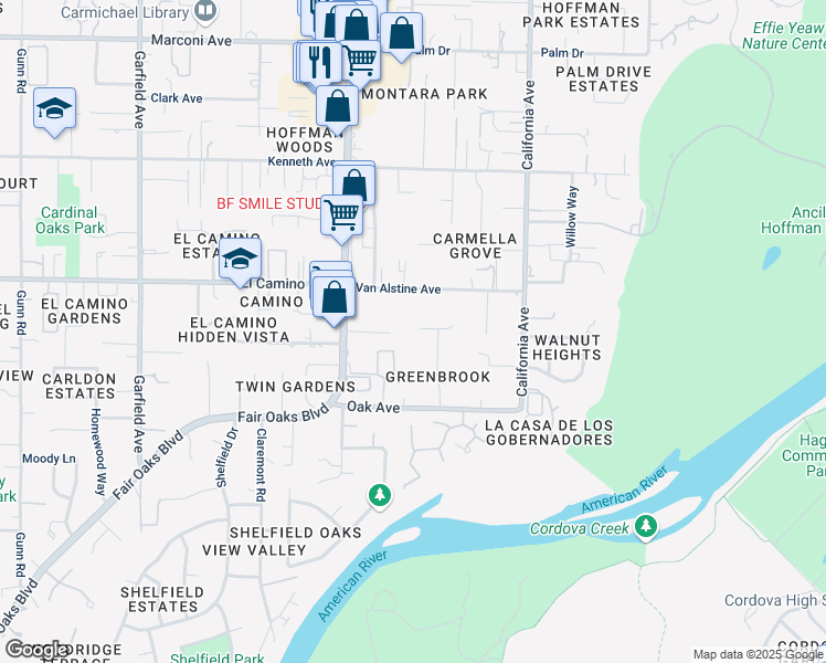 map of restaurants, bars, coffee shops, grocery stores, and more near 6000 Ard Aven Place in Carmichael
