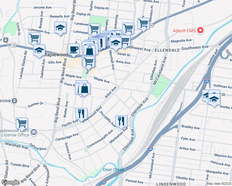 map of restaurants, bars, coffee shops, grocery stores, and more near 3220 Greenwood Boulevard in Maplewood