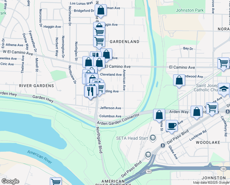 map of restaurants, bars, coffee shops, grocery stores, and more near 450 Harding Avenue in Sacramento