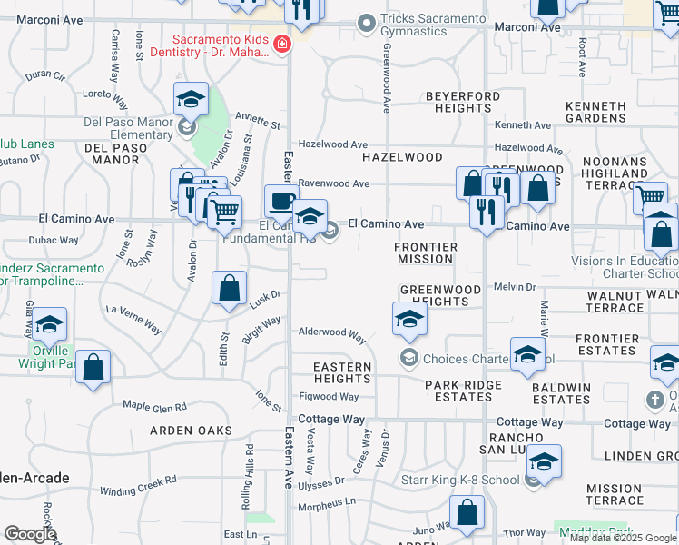 map of restaurants, bars, coffee shops, grocery stores, and more near 4300 El Camino Avenue in Sacramento