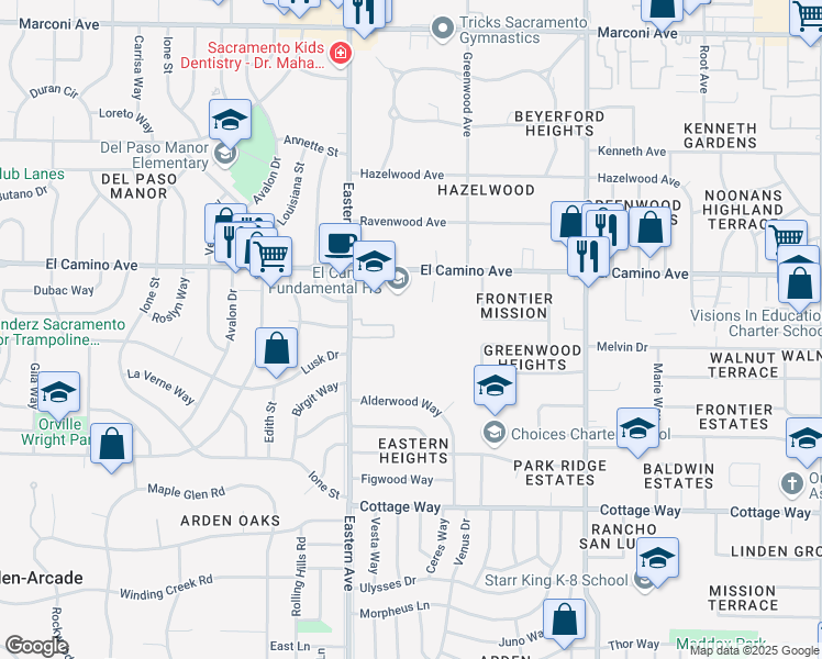 map of restaurants, bars, coffee shops, grocery stores, and more near 4300 El Camino Avenue in Sacramento