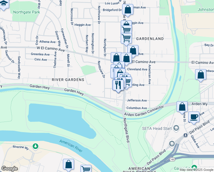 map of restaurants, bars, coffee shops, grocery stores, and more near 663 Northfield Drive in Sacramento