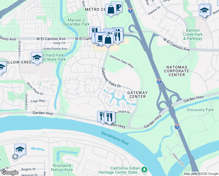 map of restaurants, bars, coffee shops, grocery stores, and more near 2151 River Plaza Drive in Sacramento