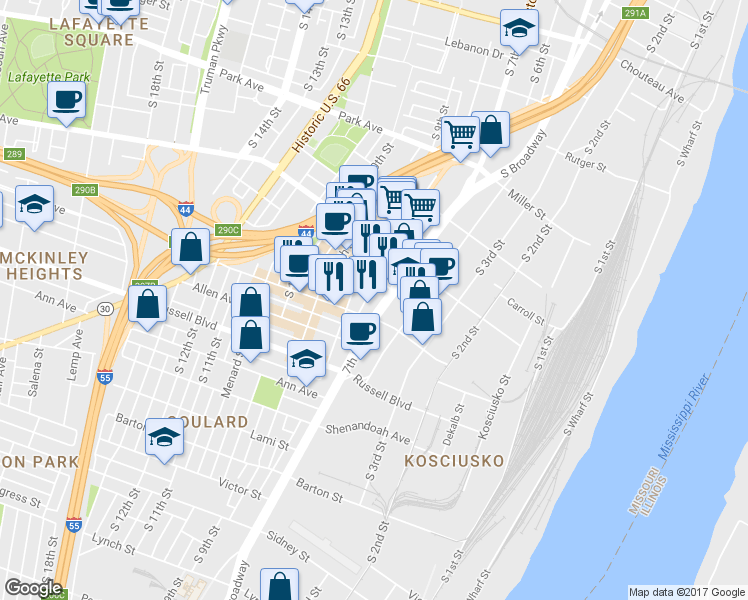 map of restaurants, bars, coffee shops, grocery stores, and more near 1832 South 8th Street in St. Louis