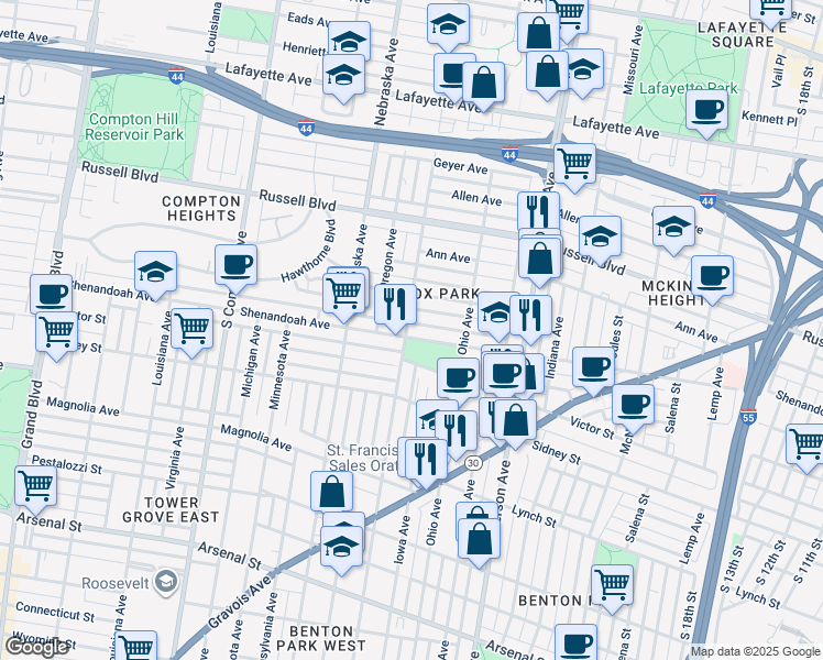 map of restaurants, bars, coffee shops, grocery stores, and more near 2752 Armand Place in St. Louis