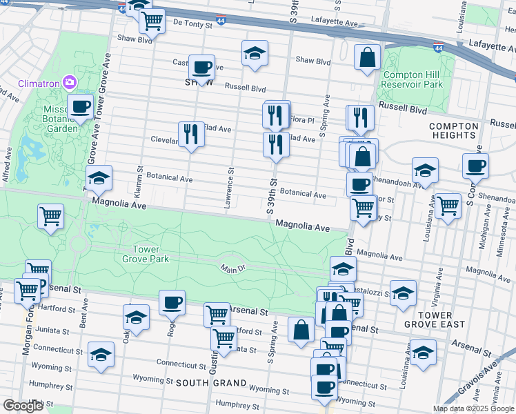 map of restaurants, bars, coffee shops, grocery stores, and more near 3929 Magnolia Avenue in St. Louis