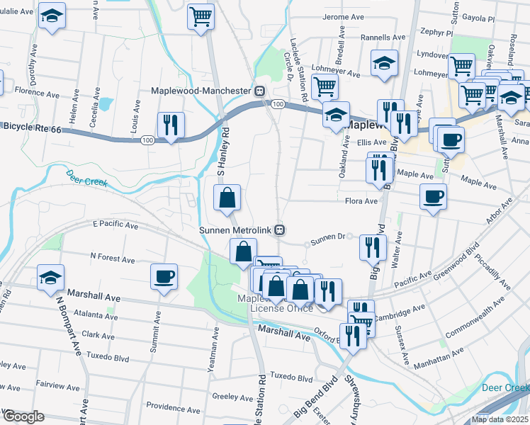 map of restaurants, bars, coffee shops, grocery stores, and more near 31 Sunnen Drive in Maplewood
