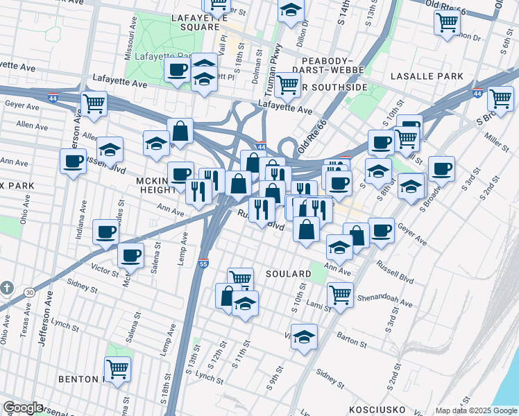 map of restaurants, bars, coffee shops, grocery stores, and more near 1219 Allen Market Lane in St. Louis
