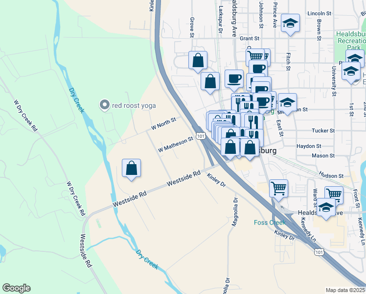 map of restaurants, bars, coffee shops, grocery stores, and more near 272 West Matheson Street in Healdsburg