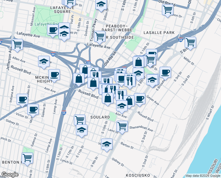 map of restaurants, bars, coffee shops, grocery stores, and more near 1920 Menard Street in St. Louis