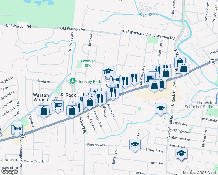 map of restaurants, bars, coffee shops, grocery stores, and more near 9814 Hudson Avenue in St. Louis