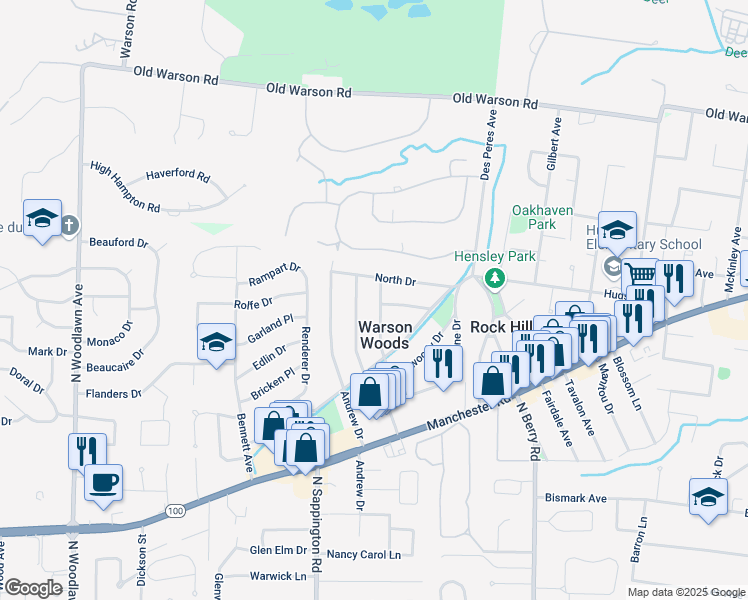 map of restaurants, bars, coffee shops, grocery stores, and more near 1653 Forest View Drive in St. Louis