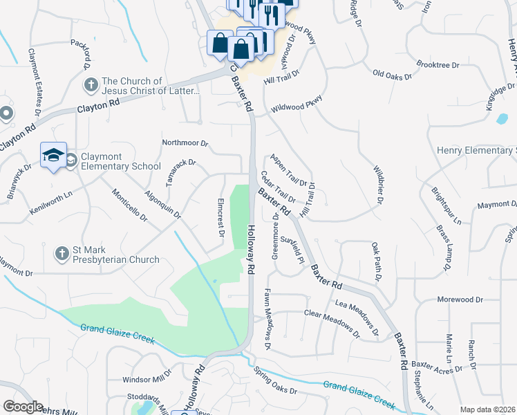 map of restaurants, bars, coffee shops, grocery stores, and more near 7 Parkrose Court in Ballwin