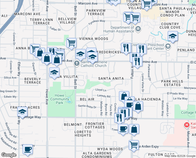 map of restaurants, bars, coffee shops, grocery stores, and more near 2360 Hernando Road in Sacramento