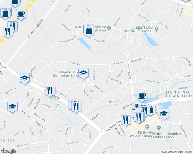 map of restaurants, bars, coffee shops, grocery stores, and more near 810 Kirkwood Rd in Waldorf