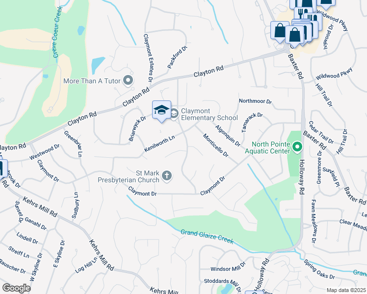 map of restaurants, bars, coffee shops, grocery stores, and more near 501 Antioch Lane in Ballwin