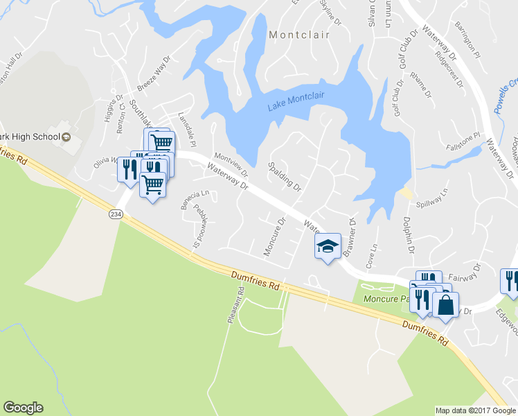 map of restaurants, bars, coffee shops, grocery stores, and more near 4708 Pinecrest Court in Dumfries