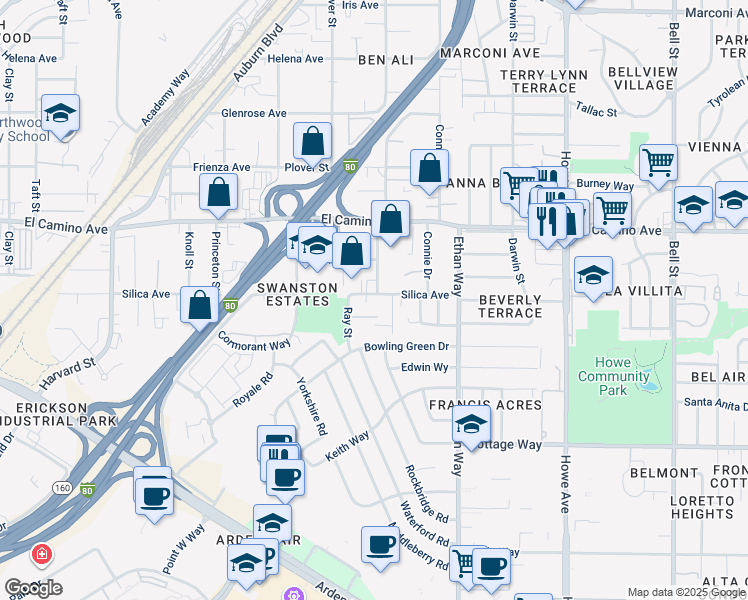 map of restaurants, bars, coffee shops, grocery stores, and more near 1842 Silica Avenue in Sacramento