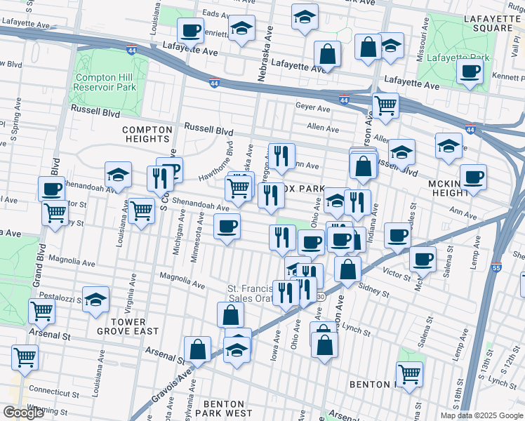 map of restaurants, bars, coffee shops, grocery stores, and more near 2823 Shenandoah Avenue in St. Louis