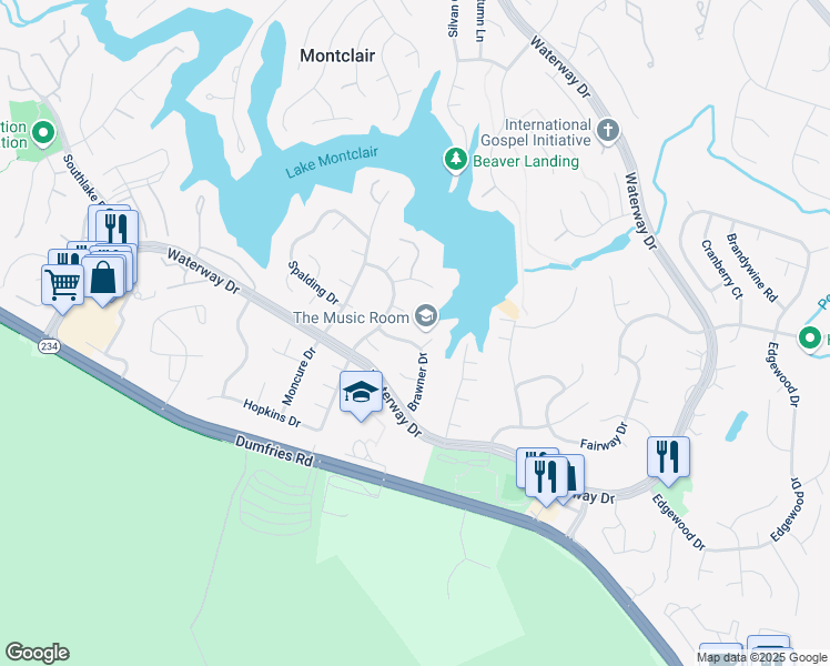 map of restaurants, bars, coffee shops, grocery stores, and more near 15905 Brawner Dr in Dumfries