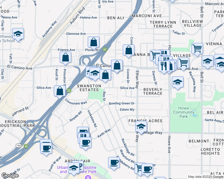 map of restaurants, bars, coffee shops, grocery stores, and more near 1842 Silica Avenue in Sacramento