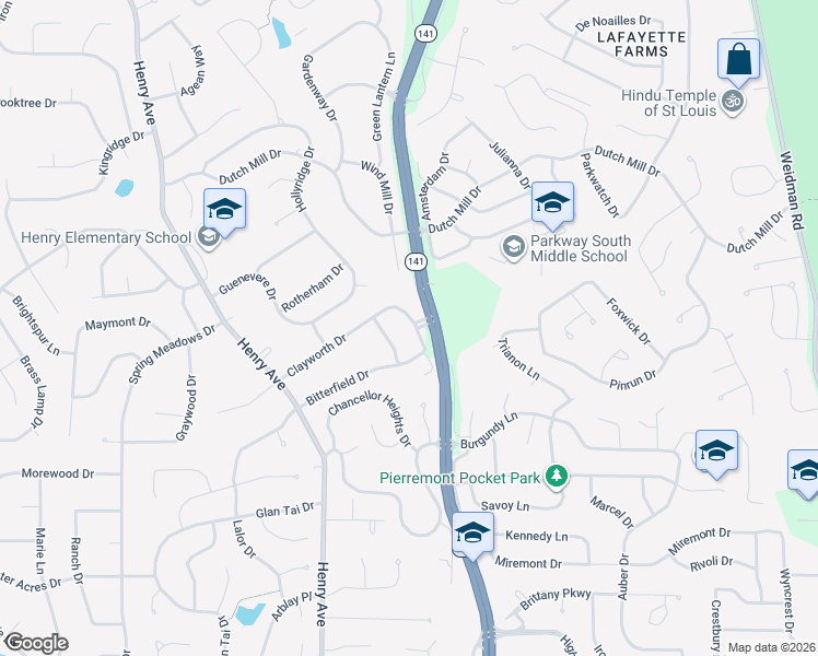 map of restaurants, bars, coffee shops, grocery stores, and more near 906 Clayworth Drive in Ballwin