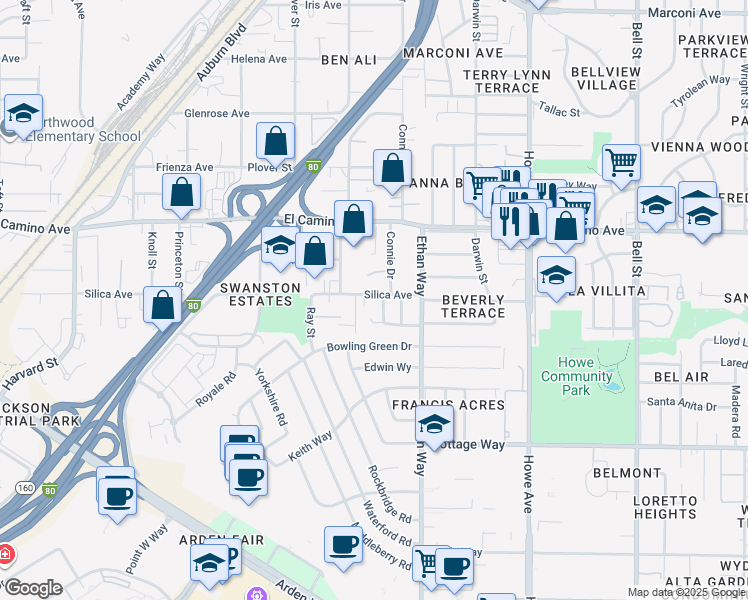 map of restaurants, bars, coffee shops, grocery stores, and more near 1936 Silica Avenue in Sacramento