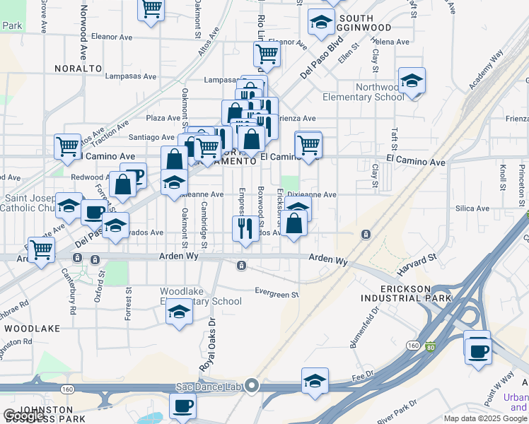map of restaurants, bars, coffee shops, grocery stores, and more near 2352 Boxwood Street in Sacramento