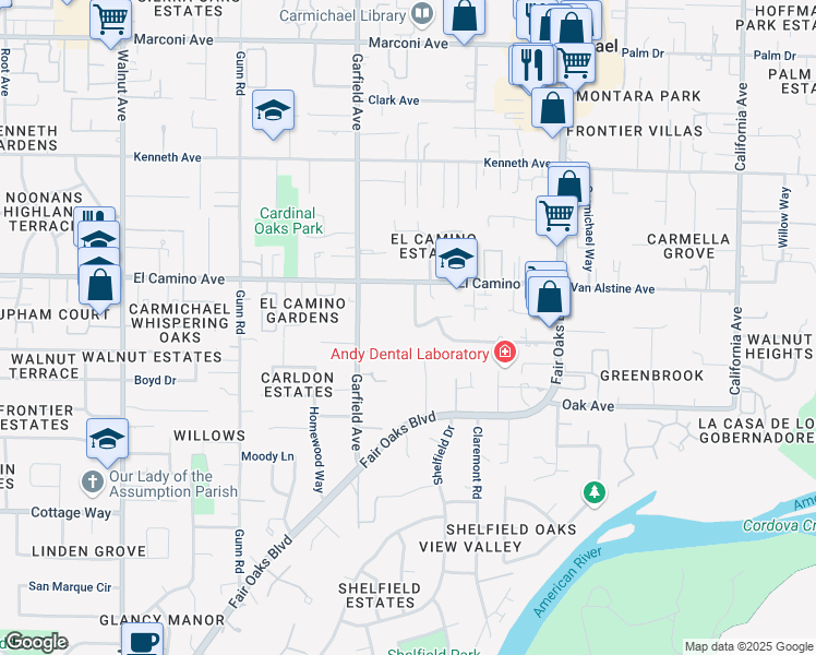 map of restaurants, bars, coffee shops, grocery stores, and more near 5594 Ranchero Way in Carmichael