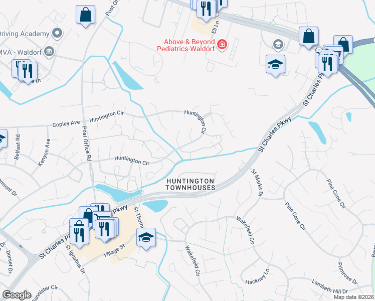 map of restaurants, bars, coffee shops, grocery stores, and more near 3021 Heath Cote Road in Waldorf