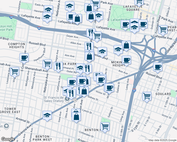 map of restaurants, bars, coffee shops, grocery stores, and more near 2252 South Jefferson Avenue in St. Louis