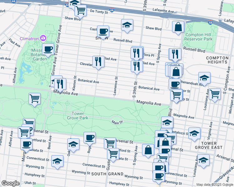map of restaurants, bars, coffee shops, grocery stores, and more near 2364 Lawrence Street in St. Louis