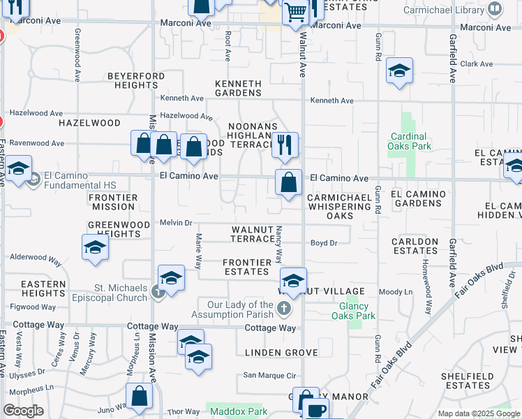 map of restaurants, bars, coffee shops, grocery stores, and more near 2404 Upham Court in Carmichael