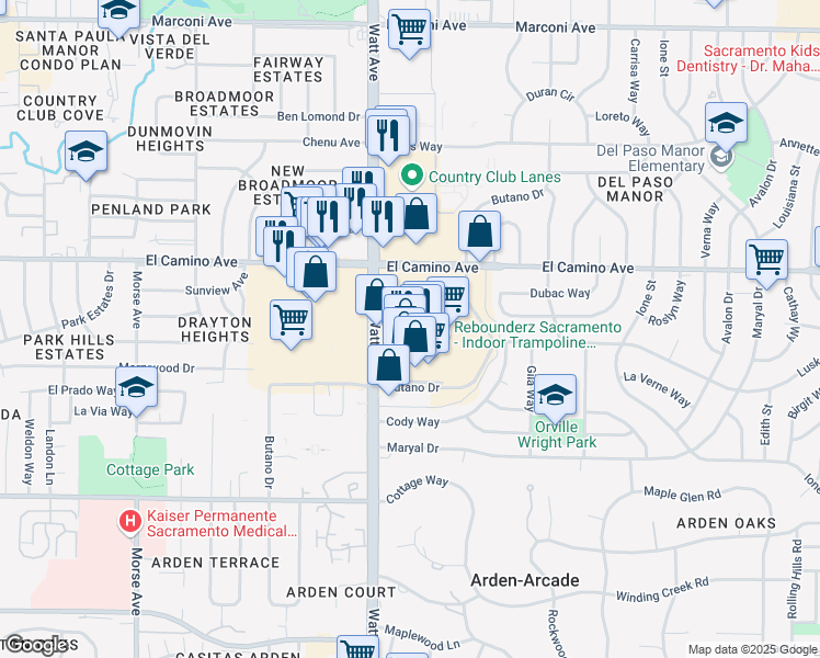 map of restaurants, bars, coffee shops, grocery stores, and more near 2380 Butano Drive in Sacramento
