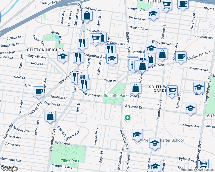 map of restaurants, bars, coffee shops, grocery stores, and more near 2820 January Avenue in St. Louis