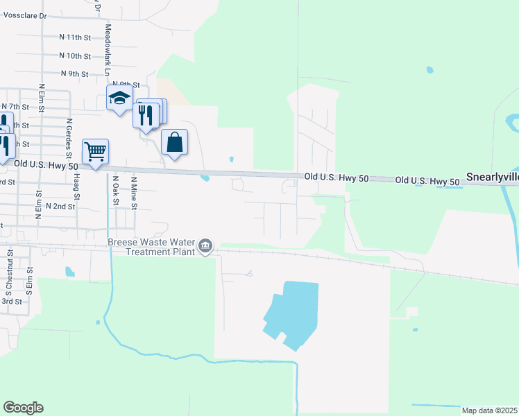 map of restaurants, bars, coffee shops, grocery stores, and more near 157 Grant Drive in Breese
