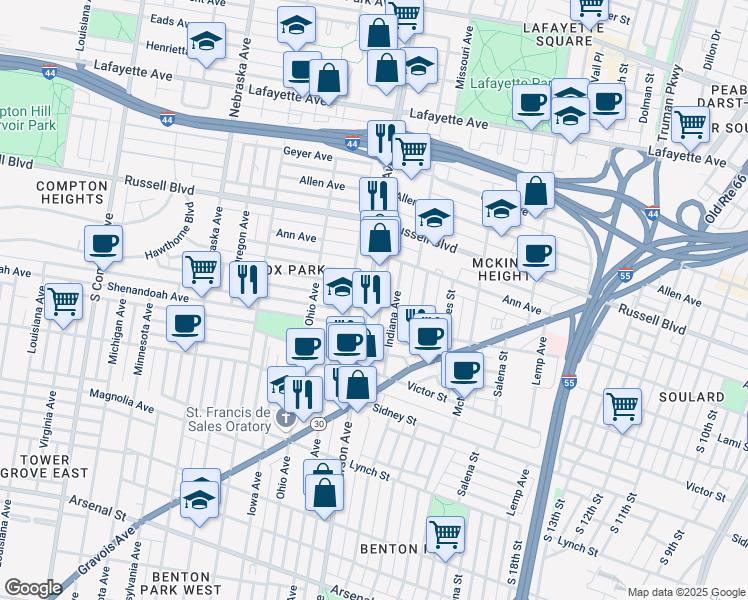 map of restaurants, bars, coffee shops, grocery stores, and more near 2252 South Jefferson Avenue in St. Louis