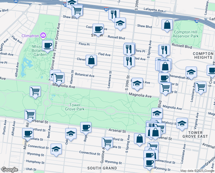 map of restaurants, bars, coffee shops, grocery stores, and more near 2364 Lawrence Street in St. Louis