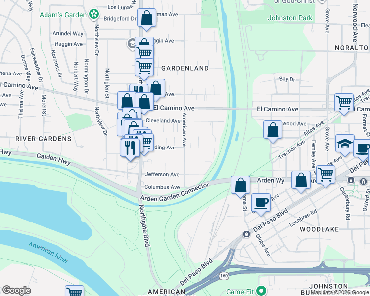 map of restaurants, bars, coffee shops, grocery stores, and more near 399 Harding Avenue in Sacramento