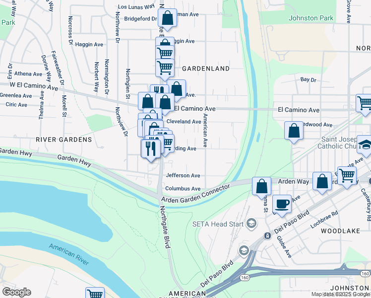 map of restaurants, bars, coffee shops, grocery stores, and more near 450 Harding Avenue in Sacramento