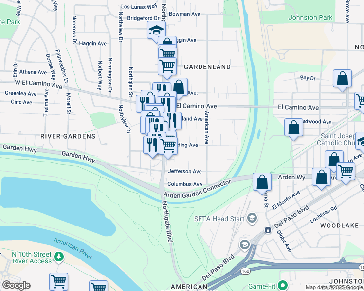 map of restaurants, bars, coffee shops, grocery stores, and more near 540 Harding Avenue in Sacramento